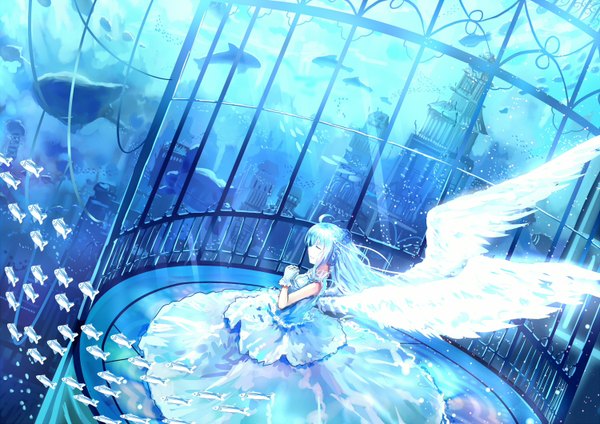 Anime picture 1500x1060 with original zha tang tang yu single long hair bare shoulders eyes closed profile sunlight aqua hair underwater girl dress gloves wings building (buildings) fish (fishes)