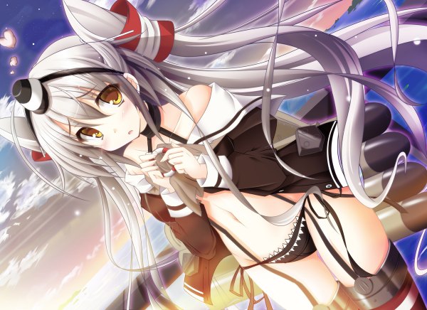 Anime picture 1200x872 with kantai collection amatsukaze destroyer kasutera (suzakudou) single long hair looking at viewer blush open mouth light erotic bare shoulders yellow eyes sky silver hair cloud (clouds) two side up girl thighhighs navel hair ornament underwear