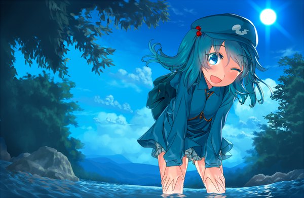 Anime picture 1300x848 with touhou kawashiro nitori blew andwhite single long hair looking at viewer fringe open mouth smile sky long sleeves one eye closed wink arm support leaning two side up leaning forward partially submerged horizon mountain