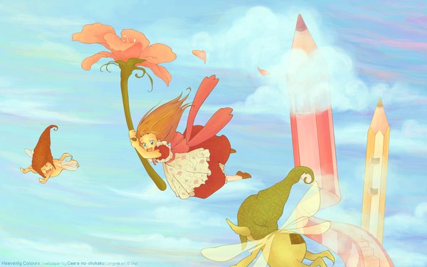 Anime picture 1920x1200 with highres wide image signed cloud (clouds) orange hair wallpaper flying fairy girl flower (flowers) wings pencil crayon shel