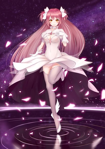 Anime picture 1240x1754 with mahou shoujo madoka magica shaft (studio) kaname madoka goddess madoka liu lan single long hair tall image looking at viewer fringe breasts smile standing yellow eyes pink hair outstretched arm hand on chest standing on one leg girl thighhighs