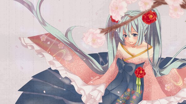 Anime picture 1200x675 with vocaloid hatsune miku 1hayu single open mouth wide image twintails very long hair traditional clothes japanese clothes hair flower aqua eyes aqua hair girl hair ornament flower (flowers) kimono