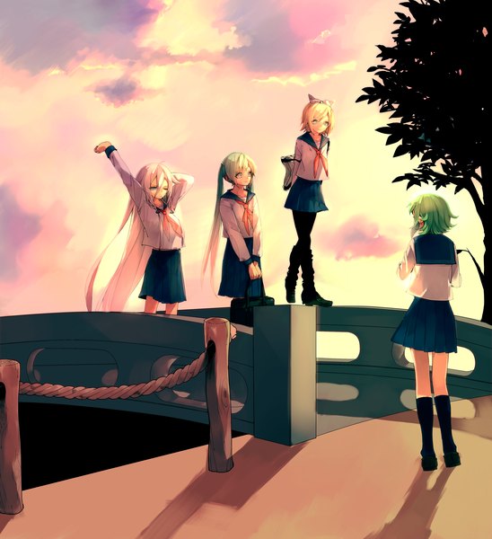 Anime picture 3402x3720 with vocaloid hatsune miku kagamine rin gumi ia (vocaloid) asuna (i luv) tall image highres short hair blue eyes blonde hair smile twintails multiple girls absurdres sky cloud (clouds) white hair very long hair one eye closed