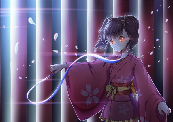 Anime picture 1000x707 with koutetsujou no kabaneri wit studio mumei (kabaneri) kr (sapphire) single looking at viewer short hair black hair red eyes traditional clothes japanese clothes girl ribbon (ribbons) petals kimono obi