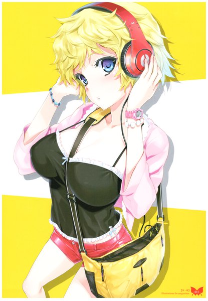 Anime picture 4895x7079 with original happoubi jin single tall image looking at viewer blush highres short hair breasts blue eyes light erotic simple background blonde hair large breasts standing absurdres head tilt from above scan :o