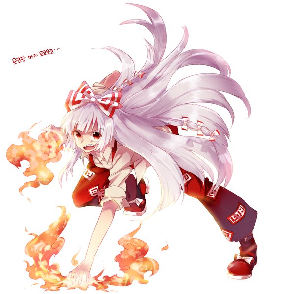 Anime picture 1500x1500 with touhou fujiwara no mokou six (fnrptal1010) single long hair looking at viewer fringe open mouth simple background red eyes white background silver hair text fighting stance korean girl bow hair bow flame