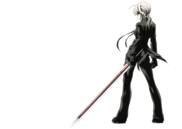 Anime picture 1124x800 with fate (series) fate/stay night studio deen type-moon artoria pendragon (all) saber alter single blonde hair white background green eyes looking back girl gloves weapon sword suit dark excalibur