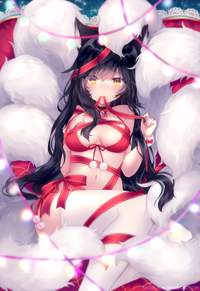 Anime picture 1200x1745 with league of legends ahri (league of legends) shouu-kun single long hair tall image looking at viewer blush fringe light erotic black hair hair between eyes sitting holding signed animal ears yellow eyes bent knee (knees) tail animal tail