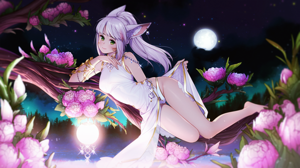 Anime picture 1920x1080 with final fantasy final fantasy xiv square enix miqo'te eventh7 single long hair looking at viewer highres light erotic wide image green eyes silver hair ponytail lying head tilt night side slit face paint nature