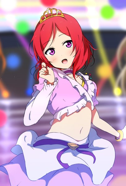 Anime picture 611x900 with love live! school idol project sunrise (studio) love live! nishikino maki icehotmilktea single long hair tall image blush breasts standing purple eyes red hair long sleeves head tilt arm up blurry bare belly midriff outstretched arm