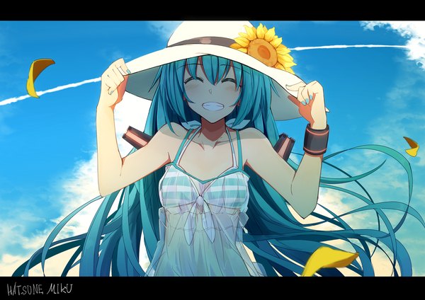 Anime picture 3035x2149 with vocaloid hatsune miku kazenoko single long hair blush fringe highres smile absurdres sky cloud (clouds) upper body outdoors eyes closed nail polish wind aqua hair character names happy