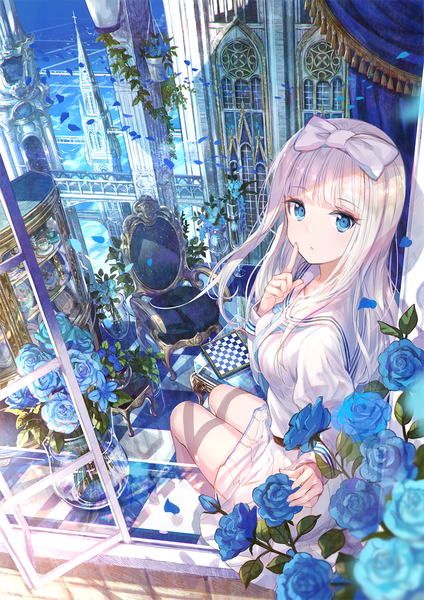 Anime picture 859x1215 with original fuzichoco single long hair tall image looking at viewer fringe blue eyes sitting bent knee (knees) white hair looking back finger to mouth checkered floor floor girl uniform flower (flowers) bow plant (plants)