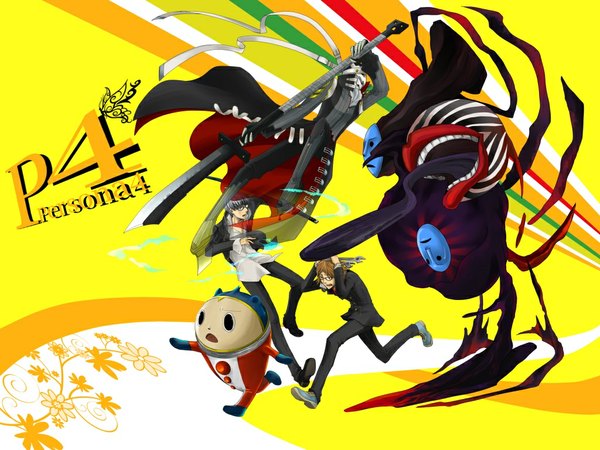 Anime picture 1024x768 with persona 4 persona seta souji hanamura yousuke kuma (persona 4) short hair running boy uniform school uniform sword glasses katana