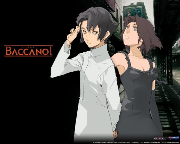 Anime picture 1280x1024 with baccano! chane laforet huey laforet short hair open mouth black hair bare shoulders yellow eyes city dress gloves elbow gloves black dress suit