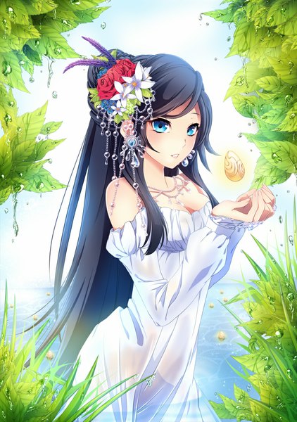 Anime picture 800x1136 with original miyako (artist) single long hair tall image blush breasts open mouth blue eyes black hair large breasts standing bare shoulders sky parted lips hair flower partially submerged girl dress hair ornament