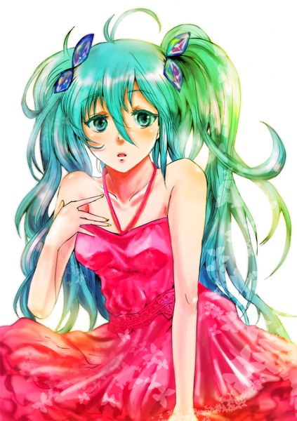 Anime picture 1217x1725 with vocaloid hatsune miku gino0808 single tall image looking at viewer simple background white background twintails bare shoulders ahoge very long hair aqua eyes aqua hair girl dress hair ornament