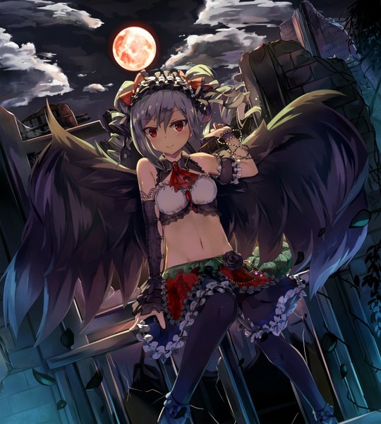 Anime picture 2700x3000 with idolmaster idolmaster cinderella girls kanzaki ranko seneto single long hair tall image looking at viewer blush highres smile red eyes sitting twintails payot cloud (clouds) grey hair night bare belly night sky