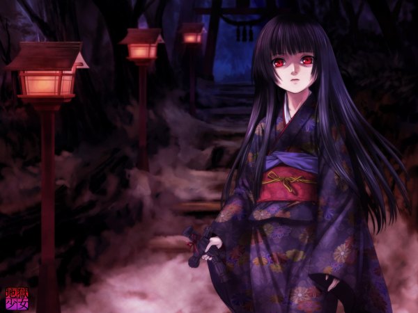 Anime picture 1280x960 with hell girl studio deen enma ai mutsuki (moonknives) single long hair looking at viewer fringe black hair red eyes blunt bangs japanese clothes night floral print hime cut girl kimono lantern doll (dolls)