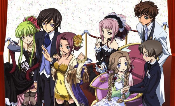 Anime picture 2412x1468 with code geass sunrise (studio) c.c. lelouch lamperouge kallen stadtfeld kururugi suzaku nunnally lamperouge anya alstreim rolo lamperouge highres wide image multiple girls multiple boys girl boy 4 girls 3 boys