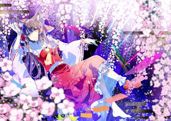 Anime picture 1190x842 with touhou hakurei reimu watanabe yuuna single long hair looking at viewer blush open mouth black hair smile brown eyes animal ears traditional clothes japanese clothes barefoot teeth cherry blossoms single shoe girl skirt
