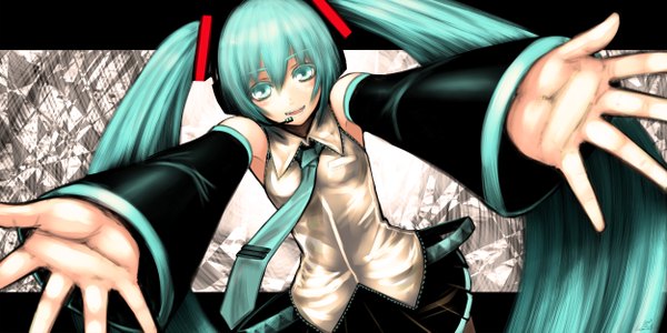 Anime picture 5000x2500 with vocaloid hatsune miku kotoba noriaki single long hair highres wide image twintails absurdres aqua eyes aqua hair girl detached sleeves necktie