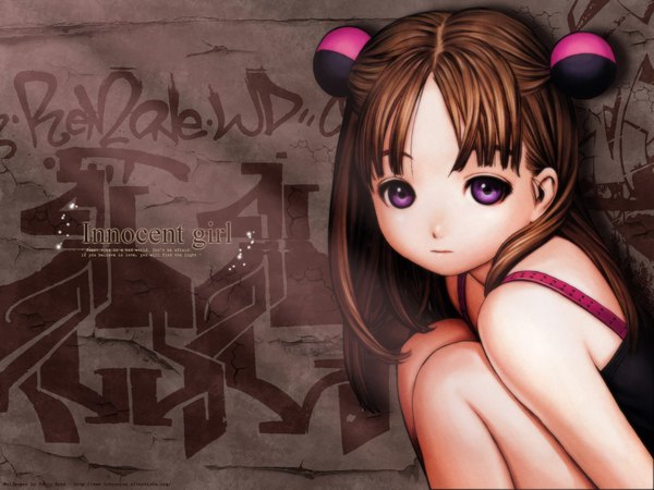 Anime picture 1600x1200 with range murata single long hair looking at viewer short hair brown hair sitting purple eyes bare shoulders bare legs loli text english third-party edit girl dress hair ornament black dress hair tie hair bobbles