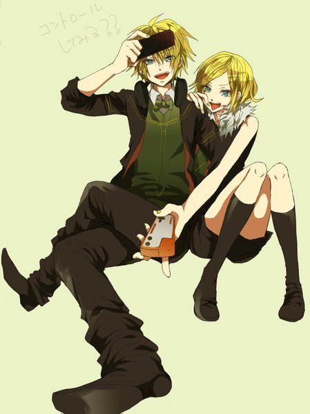 Anime picture 1167x1559 with vocaloid kagamine rin yuki (fuguneko) tall image short hair open mouth blue eyes simple background blonde hair sitting twins twisty sleeves girl boy hair ornament tongue bowtie thigh boots bobby pin