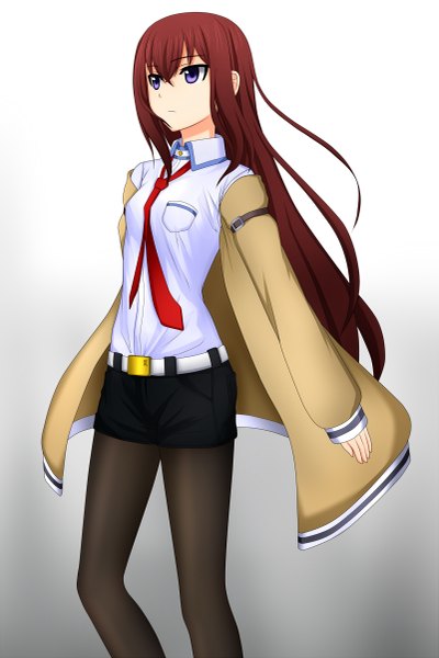 Anime picture 801x1200 with steins;gate white fox makise kurisu kenken single long hair tall image brown hair purple eyes open clothes open jacket girl shirt pantyhose necktie jacket shorts black pantyhose