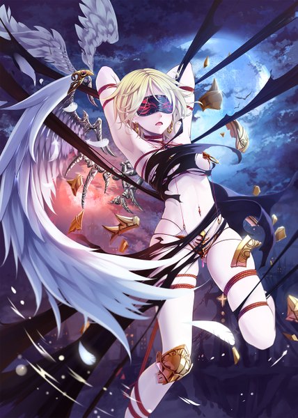 Anime picture 1000x1400 with original wait (artist) single tall image short hair open mouth light erotic blonde hair eyes closed torn clothes bondage girl navel earrings wings feather (feathers)