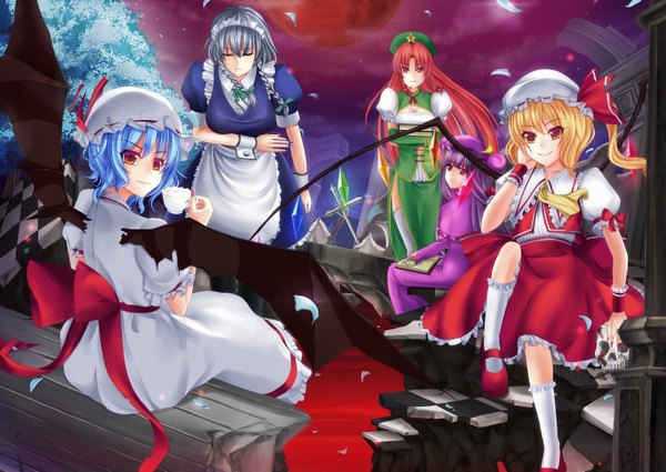 Anime picture 5843x4148 with touhou flandre scarlet remilia scarlet izayoi sakuya patchouli knowledge hong meiling rayxray long hair highres short hair blonde hair smile red eyes multiple girls blue hair absurdres silver hair purple hair red hair braid (braids)