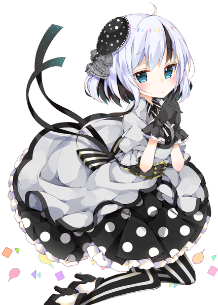 Anime picture 1074x1500 with original polka-chan chico152 single tall image blush fringe short hair blue eyes black hair simple background white background sitting ahoge bent knee (knees) white hair multicolored hair from above two-tone hair :o