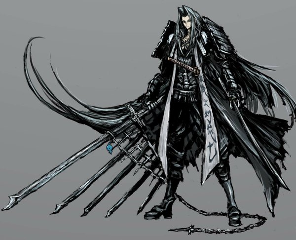 Anime picture 1850x1500 with final fantasy final fantasy vii square enix sephiroth pupu (ff8) moto murabito (artist) single long hair highres simple background grey hair grey background boy weapon sword armor trinket
