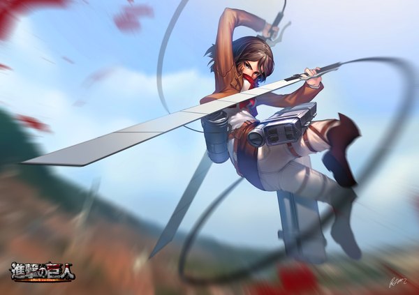 Anime picture 2099x1481 with shingeki no kyojin production i.g mikasa ackerman rheez (artist) single highres short hair brown hair holding brown eyes open clothes open jacket dual wielding battle girl weapon sword boots belt scarf