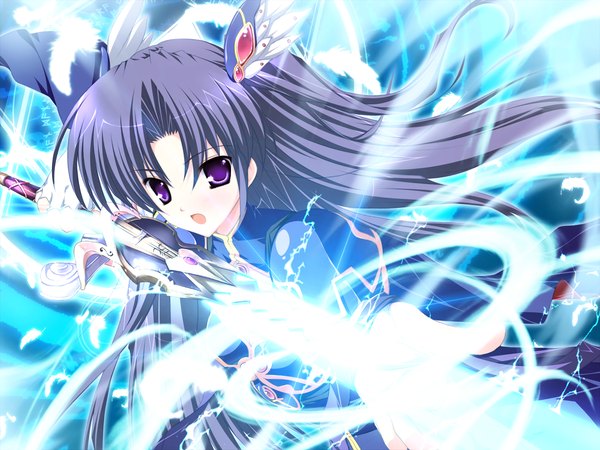 Anime picture 1600x1200 with lyrical lyric takami rin mikeou single long hair looking at viewer open mouth purple eyes game cg purple hair glowing girl hair ornament weapon sword feather (feathers)