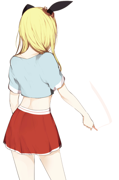 Anime picture 550x827 with original lpip single long hair tall image simple background blonde hair standing white background animal ears from behind short sleeves midriff bunny ears fake animal ears bare back outstretched hand girl skirt miniskirt