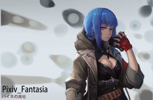 Anime picture 1889x1240 with original pixiv fantasia pixiv fantasia t gods single looking at viewer fringe highres short hair breasts blue eyes holding blue hair cleavage blunt bangs open jacket copyright name girl gloves jacket