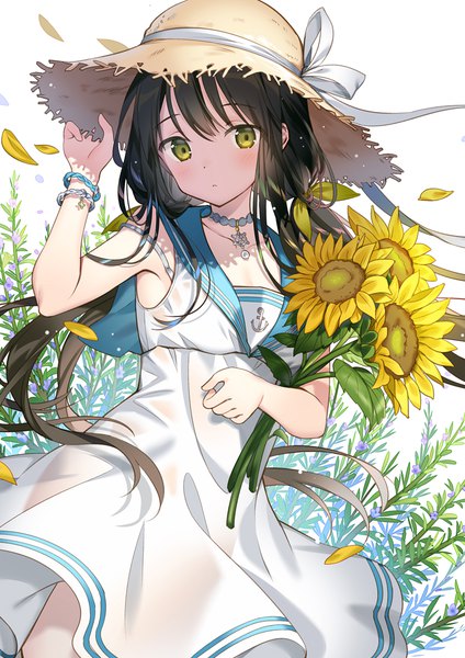 Anime picture 707x1000 with original rie (reverie) single long hair tall image blush black hair standing twintails holding green eyes wind :o low twintails adjusting hat girl flower (flowers) ribbon (ribbons) plant (plants) hair ribbon