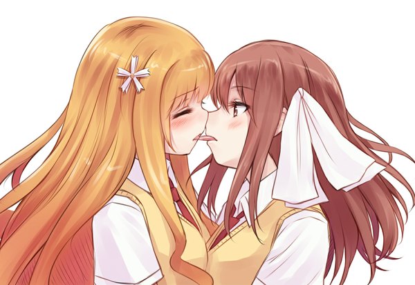 Anime picture 1160x800 with sakura trick studio deen takayama haruka sonoda mitsuki suzushiro yukari long hair blush blonde hair simple background white background multiple girls brown eyes purple hair eyes closed shoujo ai kiss french kiss girl uniform bow