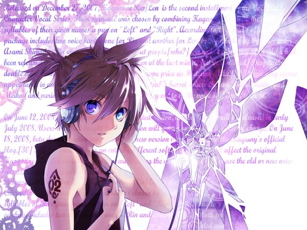 Anime picture 1400x1050 with vocaloid kagamine len potchi single looking at viewer fringe short hair blue eyes hair between eyes brown hair upper body ponytail wallpaper text shaded face hand on headphones boy headphones