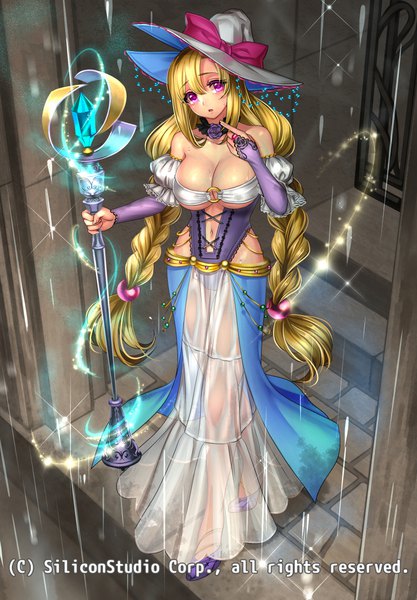 Anime picture 800x1150 with original ryuki@maguro-ex single tall image looking at viewer blush breasts light erotic blonde hair large breasts purple eyes braid (braids) very long hair girl dress hat hair tie staff hair bobbles