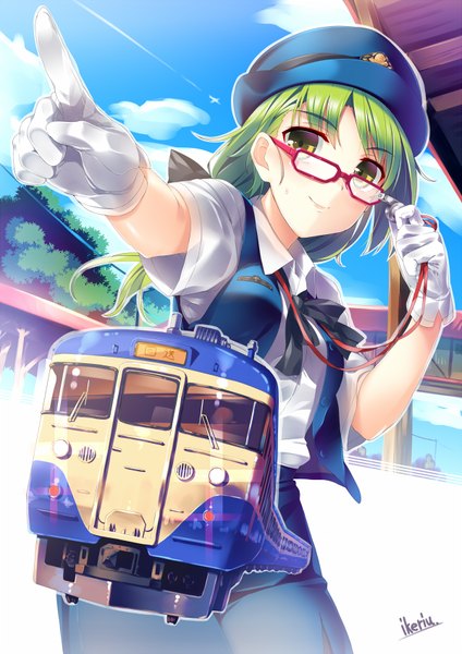 Anime picture 600x848 with original ryuji (ikeriu) single long hair tall image looking at viewer smile yellow eyes green hair girl gloves glasses white gloves peaked cap train