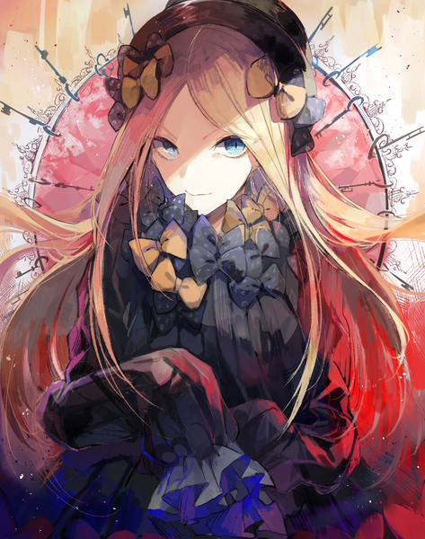 Anime picture 1500x1900 with fate (series) fate/grand order abigail williams (fate) ezu (e104mjd) single long hair tall image looking at viewer blue eyes blonde hair smile ahoge shaded face girl dress bow hair bow hat black dress key