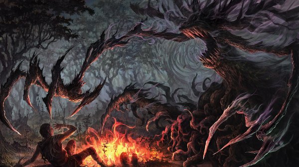Anime picture 2560x1440 with dragon's crown vanillaware highres short hair open mouth wide image grey hair teeth fang (fangs) torn clothes reclining fog boy plant (plants) tree (trees) fire forest lantern monster claws