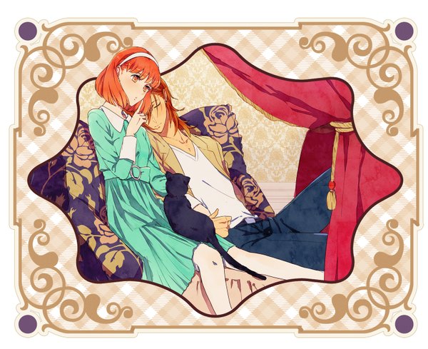 Anime picture 1448x1181 with uta no prince-sama a-1 pictures jinguji ren nanami haruka (uta no prince-sama) kuppuru konnyaku yukko short hair eyes closed orange hair orange eyes couple finger to mouth reclining sleeping girl dress boy hairband pillow cat