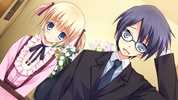 Anime picture 1280x720 with himitsu no otome blush short hair blue eyes black hair blonde hair wide image twintails game cg loli short twintails girl dress boy ribbon (ribbons) hair ribbon glasses