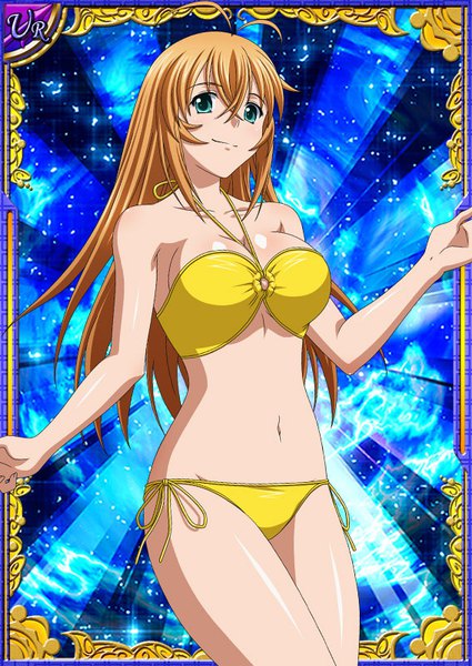 Anime picture 567x800 with ikkitousen sonsaku hakufu single long hair tall image looking at viewer fringe breasts light erotic blonde hair smile hair between eyes large breasts payot ahoge aqua eyes sparkle shiny skin spread arms card (medium)
