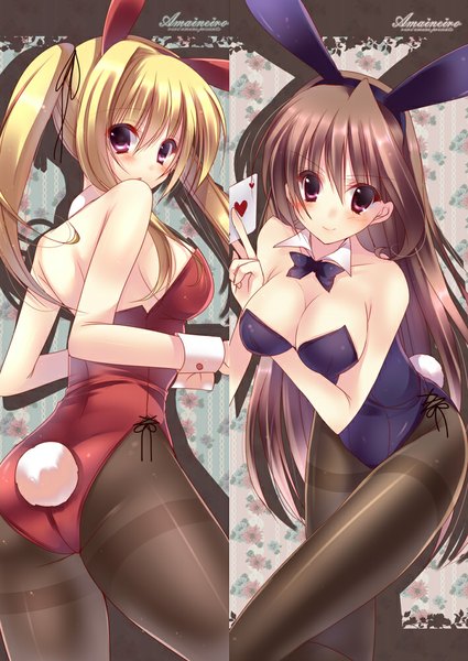 Anime picture 708x1000 with original amane ruri long hair tall image looking at viewer blush breasts light erotic blonde hair smile brown hair purple eyes twintails bare shoulders multiple girls animal ears ass tail animal tail pink eyes