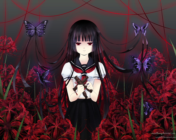 Anime picture 4150x3300 with hell girl studio deen enma ai rurutia8 single long hair highres black hair red eyes absurdres girl flower (flowers) ribbon (ribbons) serafuku insect butterfly higanbana