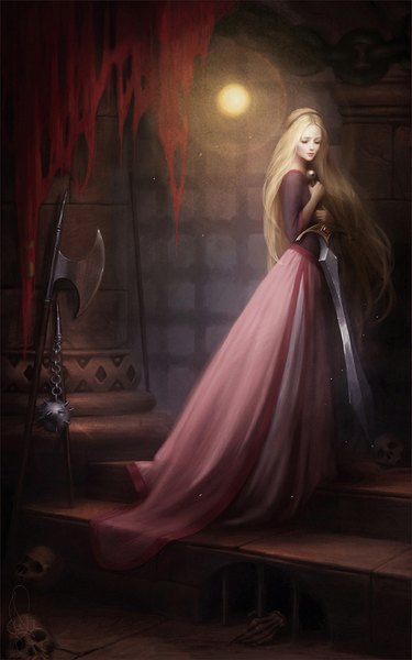 Anime picture 600x960 with melaniedelon single tall image blonde hair standing holding indoors very long hair lips light bone (bones) skull and crossbones girl dress weapon sword pillar column axe