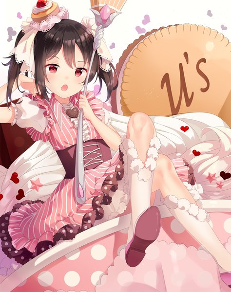 Anime picture 913x1155 with love live! school idol project sunrise (studio) love live! yazawa nico hitsukuya single tall image blush short hair open mouth black hair red eyes white background sitting twintails crossed legs short twintails polka dot girl dress